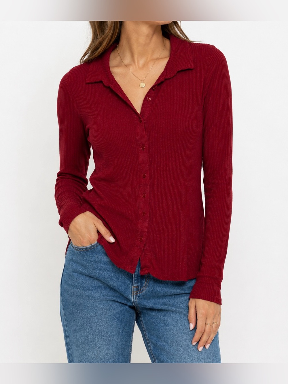 Anthropologie Raspberry Ribbed Button-Front Long Sleeve Blouse - Size S